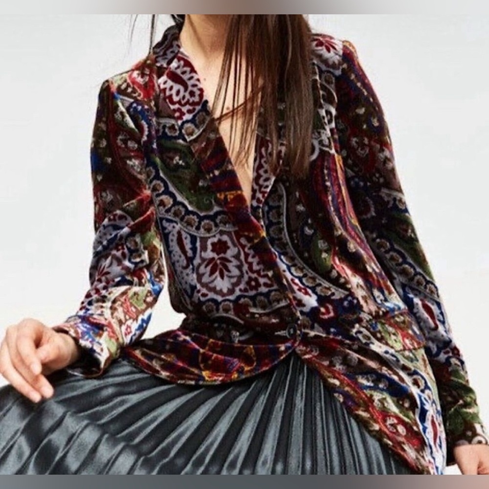 RARE! ZARA Blazer Velvet Paisley Silk Jacket Tops Shirts Suit Jacket Size M - Picture 7 of 7